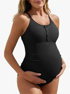SUMMER MAE Maternity Swimsuit One Piece Bathing Suit Button Neck Cross Back 2XL